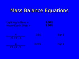 Mass Balance Equations
Light Key In Btms = 
1.00%
Heavy Key In Ohds =
1.50%
Y
0.01
Eqn 1
77 + Y - X
X
0.015
Eqn 2
23 + X - Y