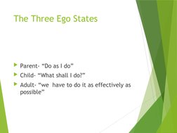 The Three Ego States
Parent- “Do as I do”
Child- “What shall I do?”
Adult- “we  have to do it as effectively as 
possible”