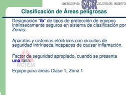8
Clasificación de Áreas peligrosas
Designación “ib” de tipos de protección de equipos 
intrínsecamente seguros en sistema de