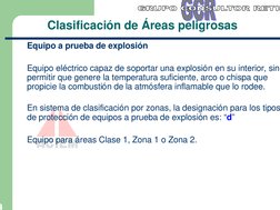 9
Clasificación de Áreas peligrosas
Equipo a prueba de explosión
Equipo eléctrico capaz de soportar una explosión en su inter