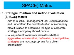 SPACE) Matrix
• Strategic Position and Action Evaluation 
(SPACE) Matrix
– Aim of SPACE : management tool used to analyse 
an