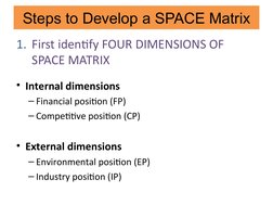 Steps to Develop a SPACE Matrix
1. First identify FOUR DIMENSIONS OF 
SPACE MATRIX
• Internal dimensions
– Financial position