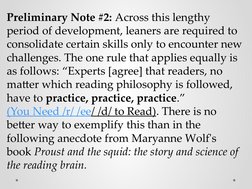 Preliminary Note #2: Across this lengthy 
period of development, leaners are required to 
consolidate certain skills only to