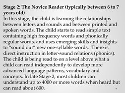 Stage 2: The Novice Reader (typically between 6 to 7 
years old) 
In this stage, the child is learning the relationships 
bet