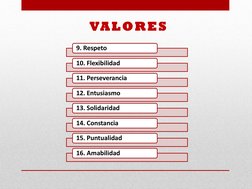 VALORES 
9. Respeto 
10. Flexibilidad 
11. Perseverancia  
12. Entusiasmo 
13. Solidaridad 
14. Constancia 
15. Puntualidad