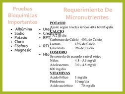 •  Albúmina
• Sodio
• Potasio
• Cloro
• Fósforo
• Magnesio
• Urea
• Creatinina
• RPT
• RTL
• Hto
 
Pruebas 
Bioquímicas 
Impo