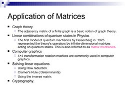 Application of Matrices
Graph theory
The adjacency matrix of a finite graph is a basic notion of graph theory.
Linear