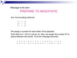 Message to be sent: 
PREPARE TO NEGOTIATE  
and  the encoding matrix be
We assign a number for each letter of the al
