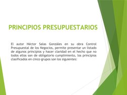 PRINCIPIOS PRESUPUESTARIOS
El autor Héctor Salas Gonzáles en su obra Control 
Presupuestal de los Negocios, permite presentar