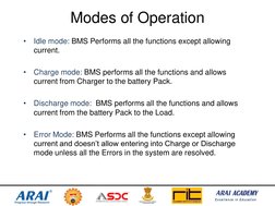Modes of Operation 
•
Idle mode: BMS Performs all the functions except allowing 
current. 
 
•
Charge mode: BMS performs all