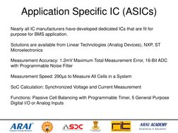 Application Specific IC (ASICs) 
Nearly all IC manufacturers have developed dedicated ICs that are fit for 
purpose for BMS a