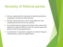 Necessity of Political parties
We can understand the necessity of political parties by 
imagining a situation without partie