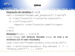 Informatizamos para la Sociedad Cubana 
Asignación de Variables (t-set) 
<div t-foreach=“widget.get_products()" t-as=“p">
