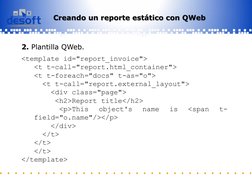 Informatizamos para la Sociedad Cubana 
2. Plantilla QWeb. 
<template id="report_invoice">  
 
<t t-call="report.html_contain