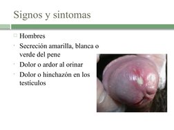 Signos y sintomas 
Hombres 
• Secreción amarilla, blanca o 
verde del pene
• Dolor o ardor al orinar
• Dolor o hinchazón en