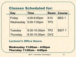 BSIT 1: Information Technology II 
10
Classes Scheduled for:
Lecturer’s Office Hours:
Wednesday 11:00am - 4:00pm
Thursday 11: