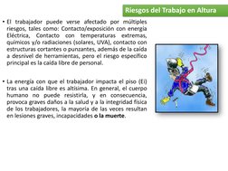 Riesgos del Trabajo en Altura
• El trabajador puede verse afectado por múltiples
riesgos, tales como: Contacto/exposición con