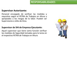 RESPONSABILIDADES
Supervisor Autorizante:
Personal encargado de verificar las medidas y
requisitos según el PETRA de Trabajos