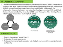 III. CASBEE: BACKGROUND
•
Comprehensive Assessment System for Built Environment Efficiency (CASBEE) is a method for 
evaluat