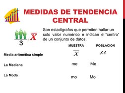 MEDIDAS DE TENDENCIA 
CENTRAL
Media aritmética simple
La Mediana
La Moda
MUESTRA
POBLACION
me          Me
mo        Mo
Son es