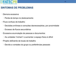 SINTOMAS DE PROBLEMAS
• Demora excessiva 
• Perda de tempo no deslocamento
• Fluxo confuso de trabalho
• Decisões errôneas e