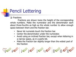 Pencil Lettering
Fractions
Fractions are shown twice the height of the corresponding
whole numbers. Make the numerator and t
