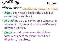 • Must: know that a force is the push, pull 
or twisting of an object.
• Should: be able to name some contact and 
non-contac