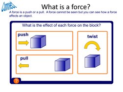 A force is a push or a pull.  A force cannot be seen but you can see how a force 
affects an object.
      What is a force? 
