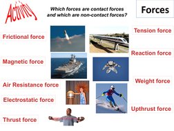 Forces
Which forces are contact forces 
and which are non-contact forces?
Frictional force
Weight force
Reaction force
Tensio