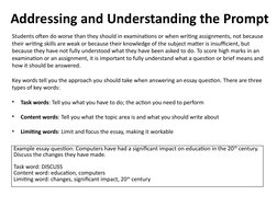 Addressing and Understanding the Prompt
Example essay question: Computers have had a significant impact on education in the 2