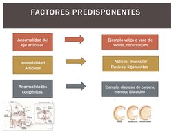 FACTORES PREDISPONENTES 
Anormalidad del 
eje articular 
Ejemplo valgo o varo de 
rodilla, recurvatum
Inestabilidad
Articular