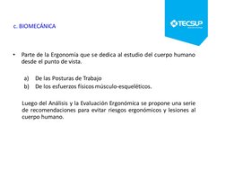 •
Parte de la Ergonomía que se dedica al estudio del cuerpo humano
desde el punto de vista.
a)
De las Posturas de Trabajo
b)