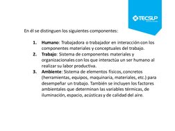 En él se distinguen los siguientes componentes:
1.
Humano: Trabajadora o trabajador en interacción con los 
componentes mater