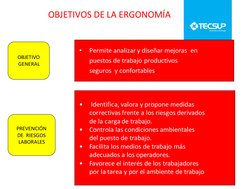 OBJETIVOS DE LA ERGONOMÍA
OBJETIVO
GENERAL
PREVENCIÓN
DE  RIESGOS
LABORALES
•
Permite analizar y diseñar mejoras en
puestos d