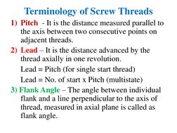 Terminology of Screw Threads 
1) Pitch  - It is the distance measured parallel to 
the axis between two consecutive points on