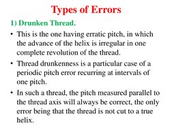 Types of Errors 
1) Drunken Thread. 
• This is the one having erratic pitch, in which 
the advance of the helix is irregular