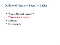 7
What is Network Security?
Threats and Attacks
Defenses
Cryptography
Outline of Network Security Basics
