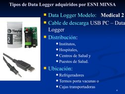 4
Tipos de Data Logger adquiridos por ESNI MINSA
Data Logger Modelo:   Medical 2
Cable de descarga USB PC – Data
Logger
Di