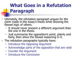 What Goes in a Refutation 
Paragraph
■Ultimately, the refutation paragraph argues for the 
claim made in the essay’s thesis w