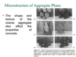 Microstructure of Aggregate Phase
The 
shape 
and 
texture 
of 
the 
coarse 
aggregate 
also 
affect 
the 
properties 
of 
c