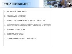 TABLA DE CONTENIDO
1.
ESCALARES Y VECTORES
2.
ÁLGEBRA DE VECTORES
3.
EL SISTEMA DE COORDENADAS RECTANGULAR
4.
COMPONENTES VEC