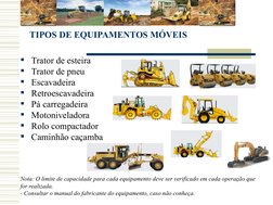 TIPOS DE EQUIPAMENTOS MÓVEIS
   Trator de esteira
   Trator de pneu
   Escavadeira
   Retroescavadeira
   Pá carregadeir