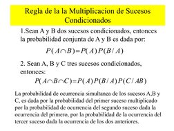 Regla de la la Multiplicacion de Sucesos 
Condicionados 
1.Sean A y B dos sucesos condicionados, entonces 
la probabilidad co