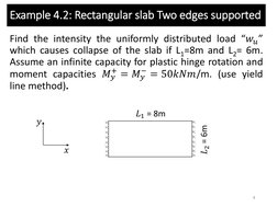 Example 4.2: Rectangular slab Two edges supported 
4 
Find the intensity the uniformly distributed load “𝑤𝑢” 
which causes 
