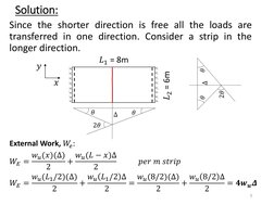 Solution: 
Since the shorter direction is free all the loads are 
transferred in one direction. Consider a strip in the 
long