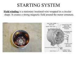 STARTING SYSTEM
Field winding is a stationary insulated wire wrapped in a circular
 shape. It creates a strong magnetic field