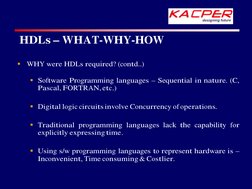 HDLs – WHAT-WHY-HOW
§
WHY were HDLs required? (contd..)
§ Software Programming languages – Sequential in nature. (C,
Pascal,