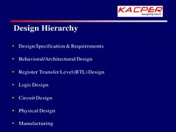 §
Design Specification & Requirements
§
Behavioral/Architectural Design
§
Register Transfer Level (RTL) Design
§
Logic Design