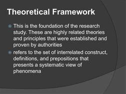 Theoretical Framework
 This is the foundation of the research 
study. These are highly related theories 
and principles that