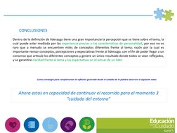 CONCLUSIONES
Dentro de la definición de liderazgo tiene una gran importancia la percepción que se tiene sobre el tema, la 
cu